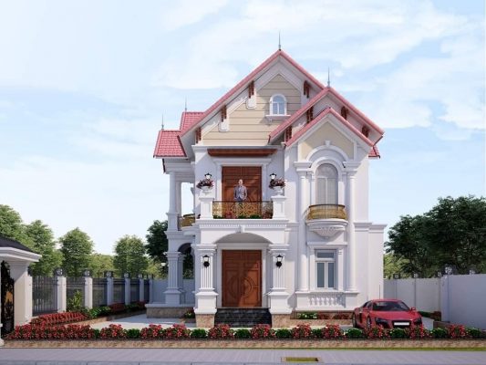 Thiết kế biệt thự 2 tầng mái thái tân cổ điển đẹp 8x12m tại Nam Định.