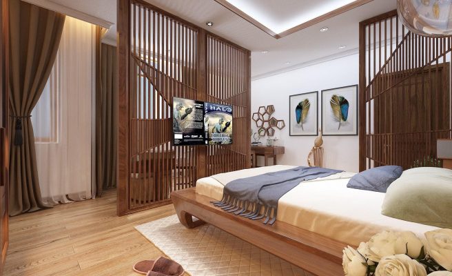 Thiết kế nội thất phòng ngủ với gỗ óc chó sang trọng ở nam định